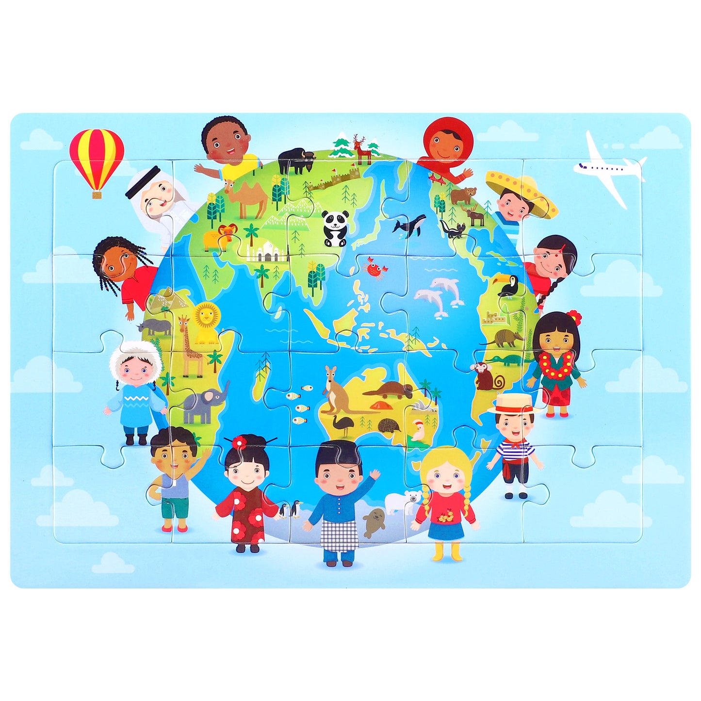 3D-PUZZLEV 20-Piece Kids' World Map Wooden Puzzle 8.2 x 5.8 Inch Completed Size, Educational Geography Puzzle with Global Cultures & Animals for Children