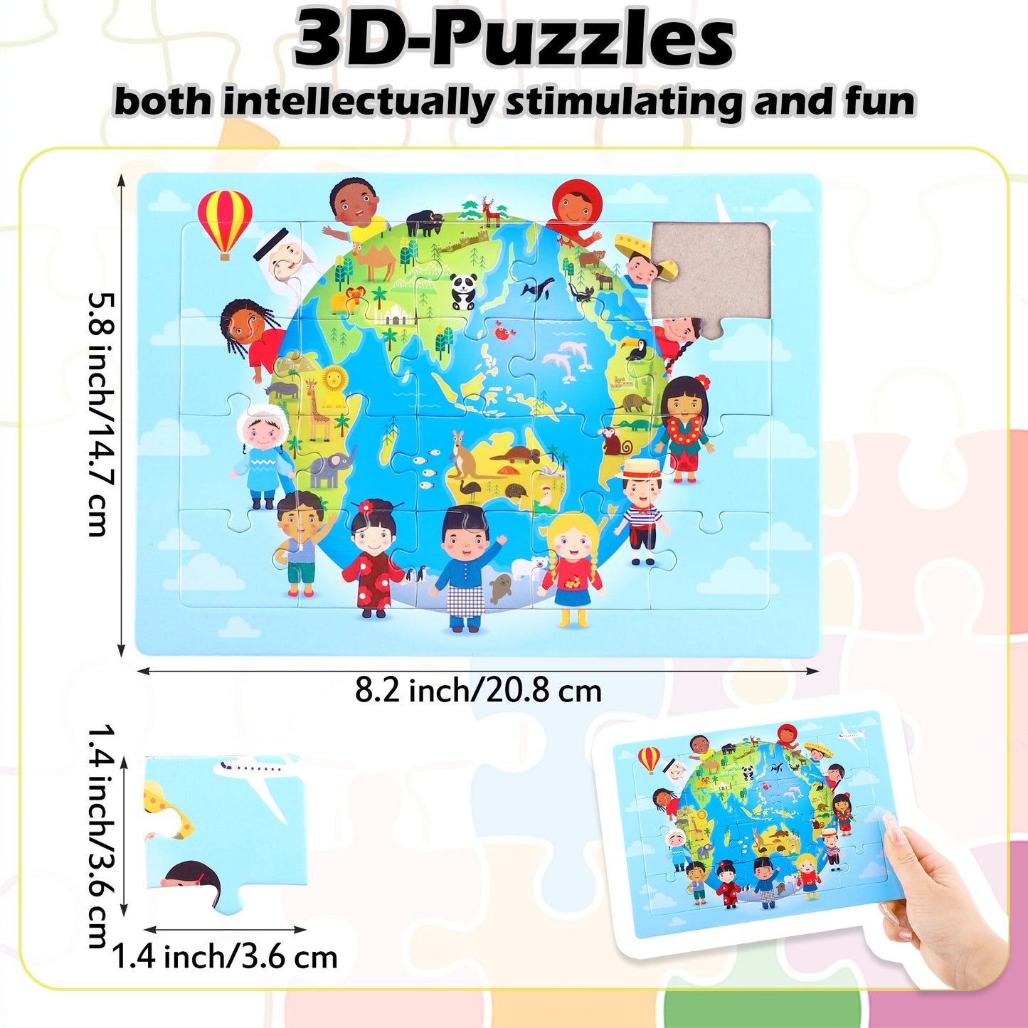 3D-PUZZLEV 20-Piece Kids' World Map Wooden Puzzle 8.2 x 5.8 Inch Completed Size, Educational Geography Puzzle with Global Cultures & Animals for Children
