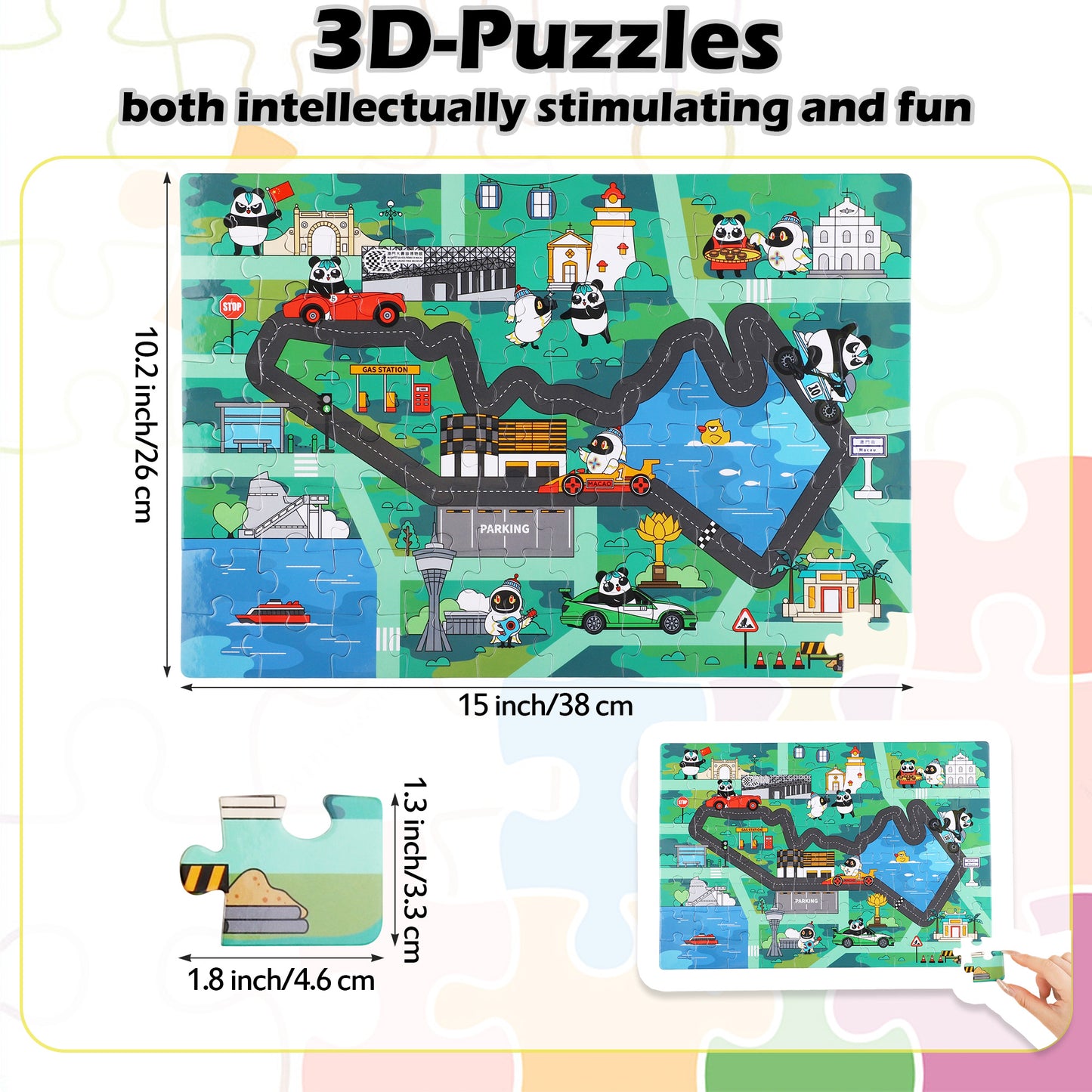 3D-PUZZLEV 80-Piece Cartoon Panda City Adventure Jigsaw Puzzle 15 x 10.2 Inch Rectangle Puzzle, Educational Toy with Road & Building Scenes for Kids