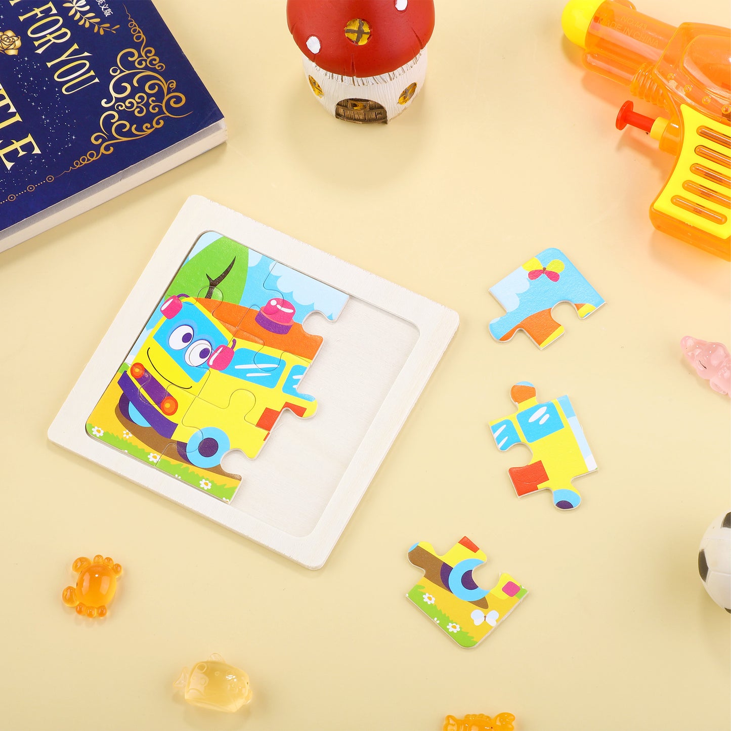 3D-PUZZLEV 9-Piece Cute Cartoon Ambulance Wooden Puzzle for Kids 4.4 Inch Square Puzzle Completed Size, Early Educational Toy for Toddlers