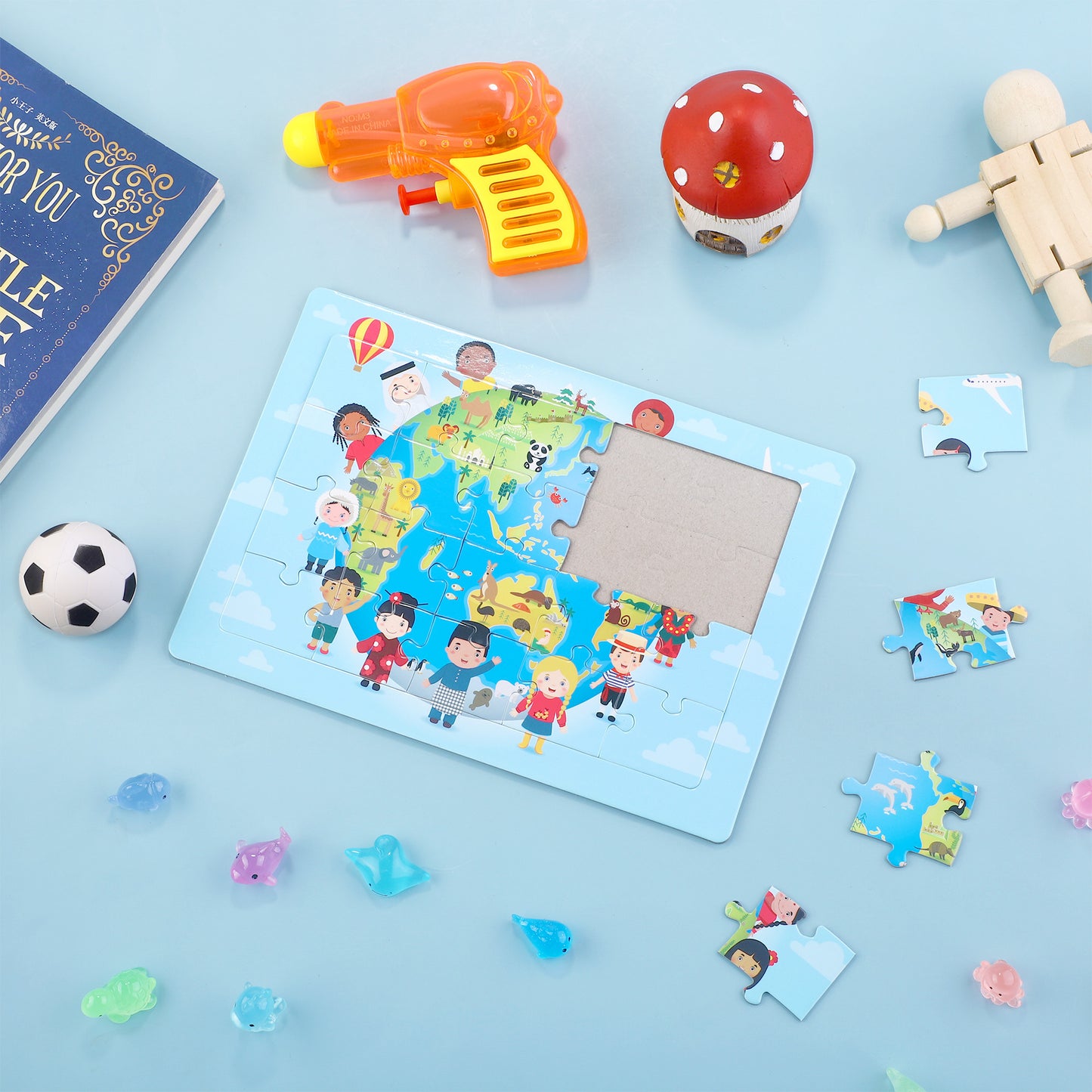3D-PUZZLEV 20-Piece Kids' World Map Wooden Puzzle 8.2 x 5.8 Inch Completed Size, Educational Geography Puzzle with Global Cultures & Animals for Children