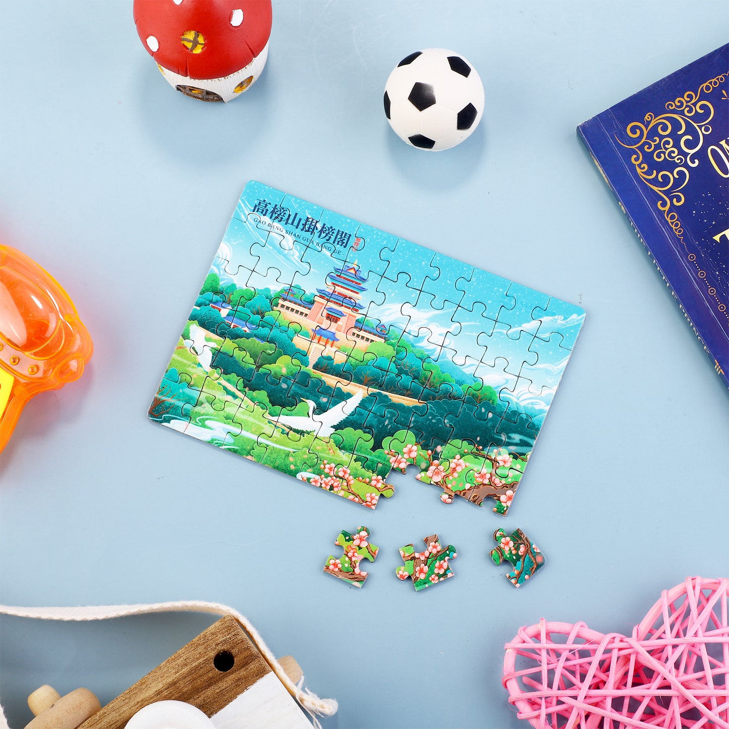 3D-PUZZLEV 54-Piece Chinese Scenery Jigsaw Puzzle 5.7 x 4.1 Inch Completed Size, Wooden Puzzle with Ancient Building & Natural Landscape for Kids and Adults