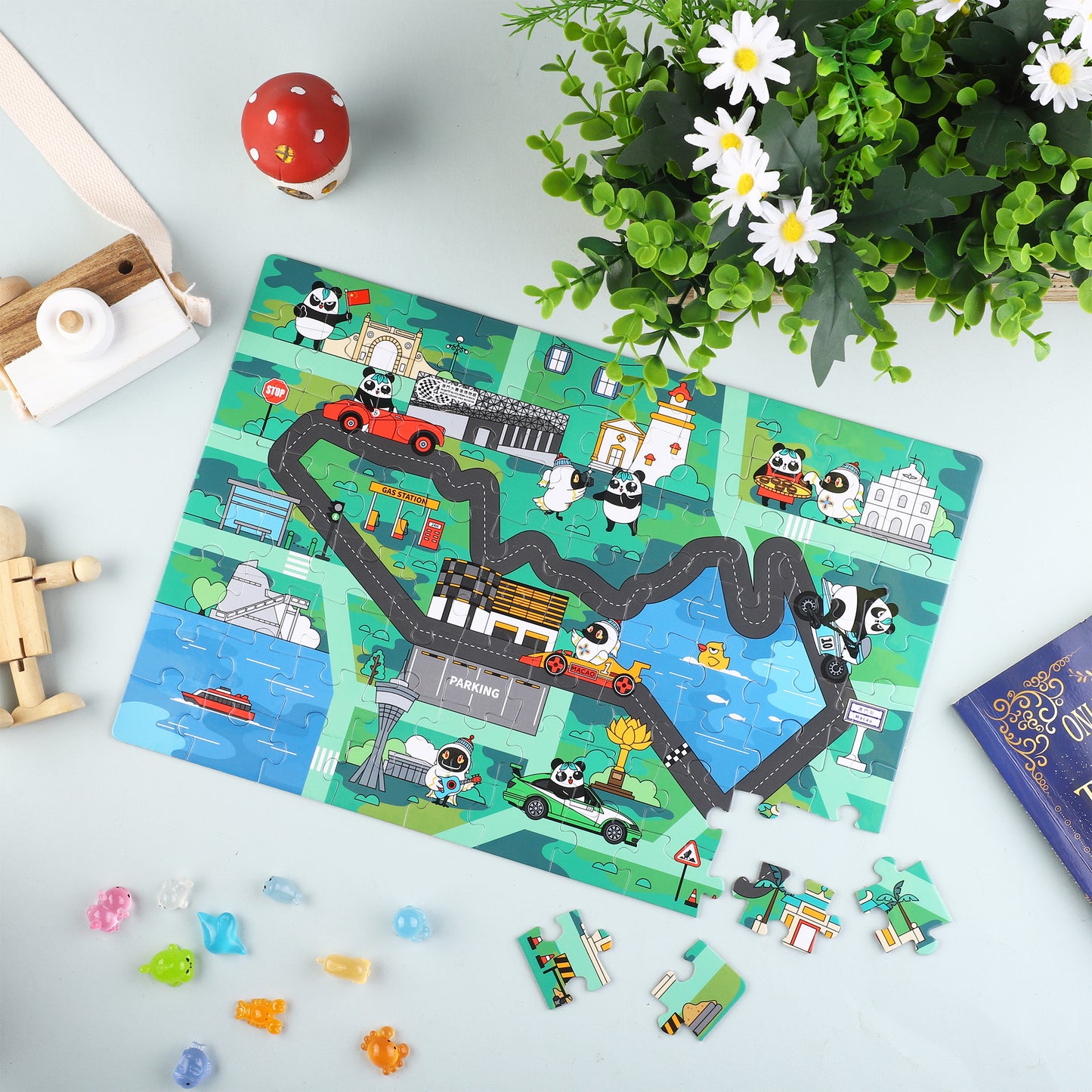 3D-PUZZLEV 80-Piece Cartoon Panda City Adventure Jigsaw Puzzle 15 x 10.2 Inch Rectangle Puzzle, Educational Toy with Road & Building Scenes for Kids