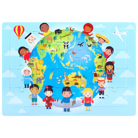 3D-PUZZLEV 20-Piece Kids' World Map Wooden Puzzle 8.2 x 5.8 Inch Completed Size, Educational Geography Puzzle with Global Cultures & Animals for Children