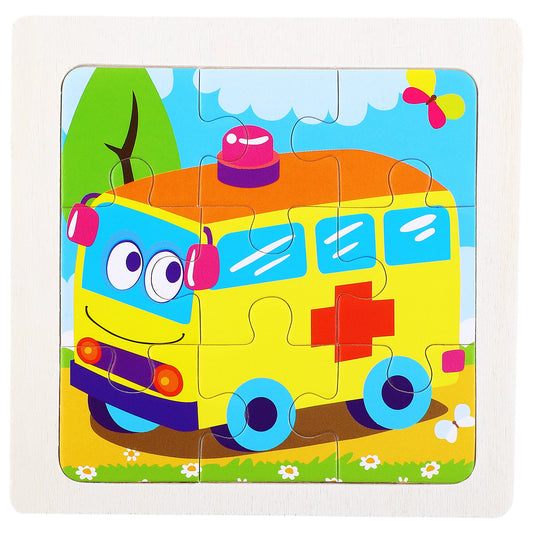 3D-PUZZLEV 9-Piece Cute Cartoon Ambulance Wooden Puzzle for Kids 4.4 Inch Square Puzzle Completed Size, Early Educational Toy for Toddlers