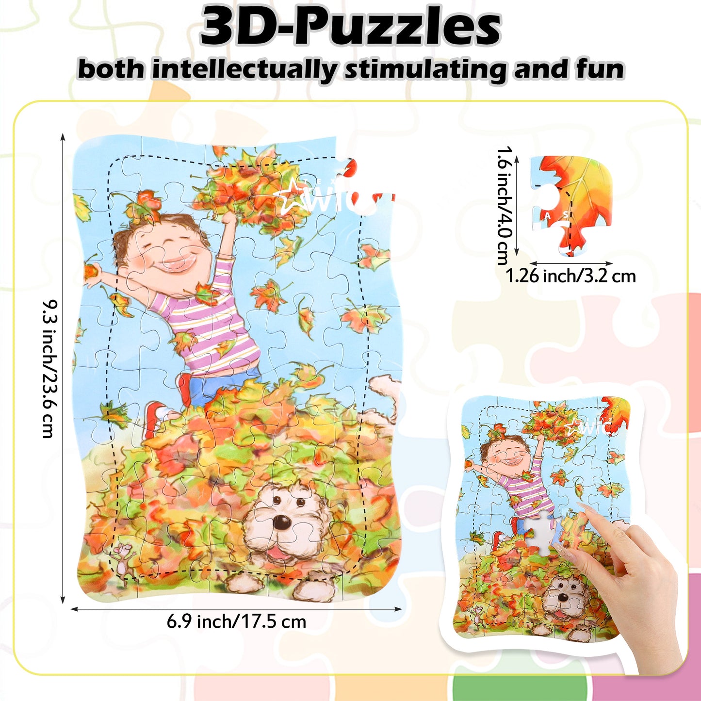 3D-PUZZLEV 40-Piece Autumn Fun Kids' Jigsaw Puzzle 9.3 x 6.9 Inch Irregular Rectangle Puzzle Boy & Dog Playing in Leaves Design, Ideal for Children's Early Education