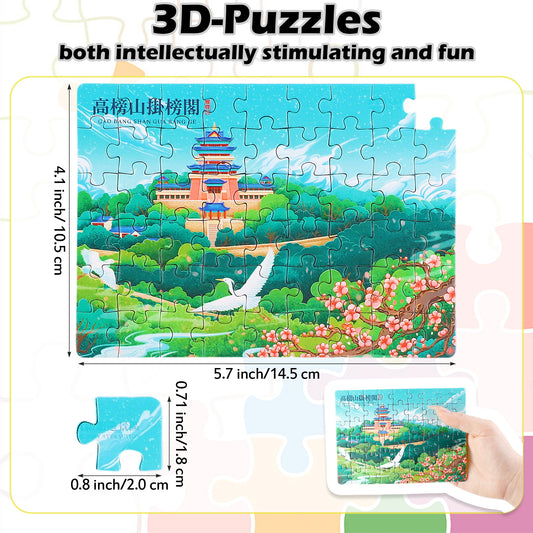 3D-PUZZLEV 54-Piece Chinese Scenery Jigsaw Puzzle 5.7 x 4.1 Inch Completed Size, Wooden Puzzle with Ancient Building & Natural Landscape for Kids and Adults