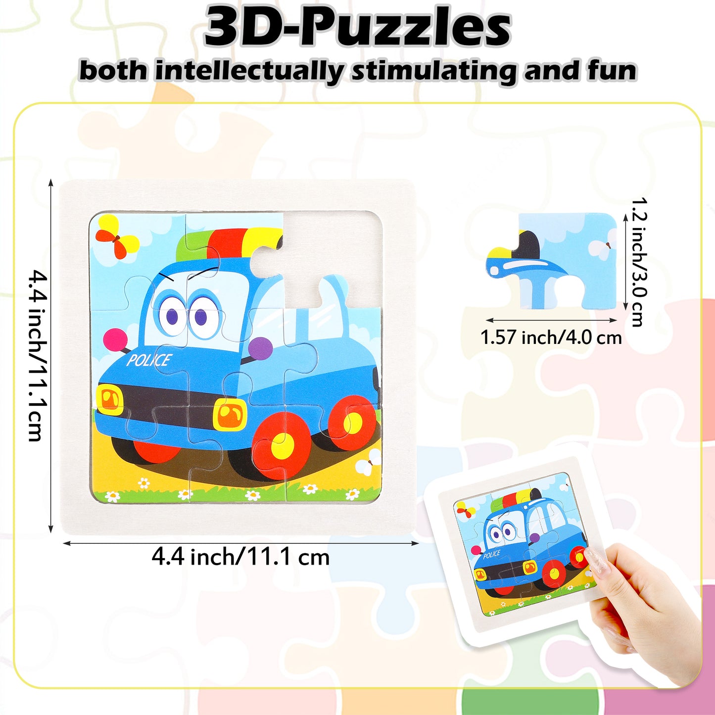 3D-PUZZLEV 9 Pieces Wooden Jigsaw Puzzles for Kids Police Car Puzzle Learning Educational Car Pattern Puzzles Toy Gift Set for Boys Girls