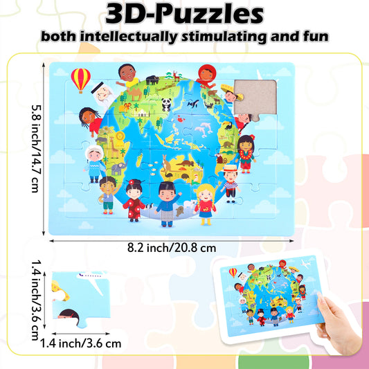3D-PUZZLEV 20-Piece Kids' World Map Wooden Puzzle 8.2 x 5.8 Inch Completed Size, Educational Geography Puzzle with Global Cultures & Animals for Children