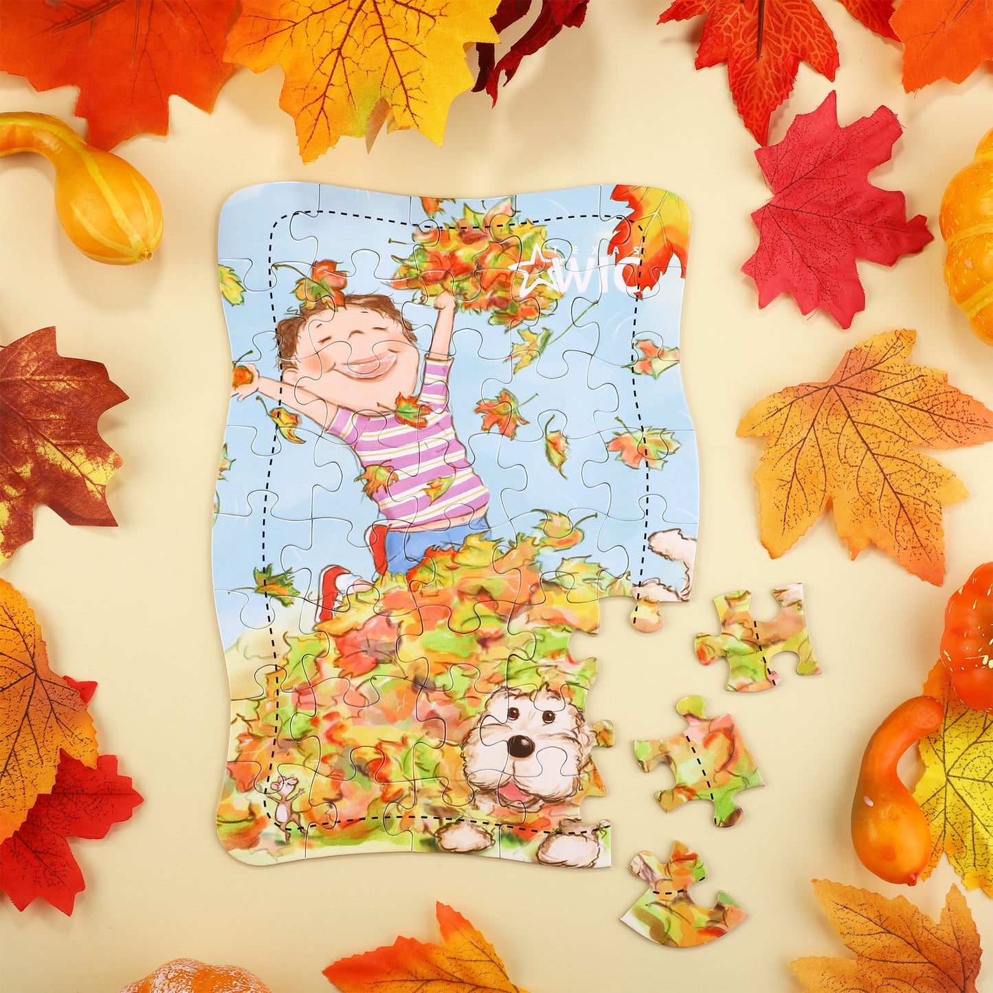 3D-PUZZLEV 40-Piece Autumn Fun Kids' Jigsaw Puzzle 9.3 x 6.9 Inch Irregular Rectangle Puzzle Boy & Dog Playing in Leaves Design, Ideal for Children's Early Education